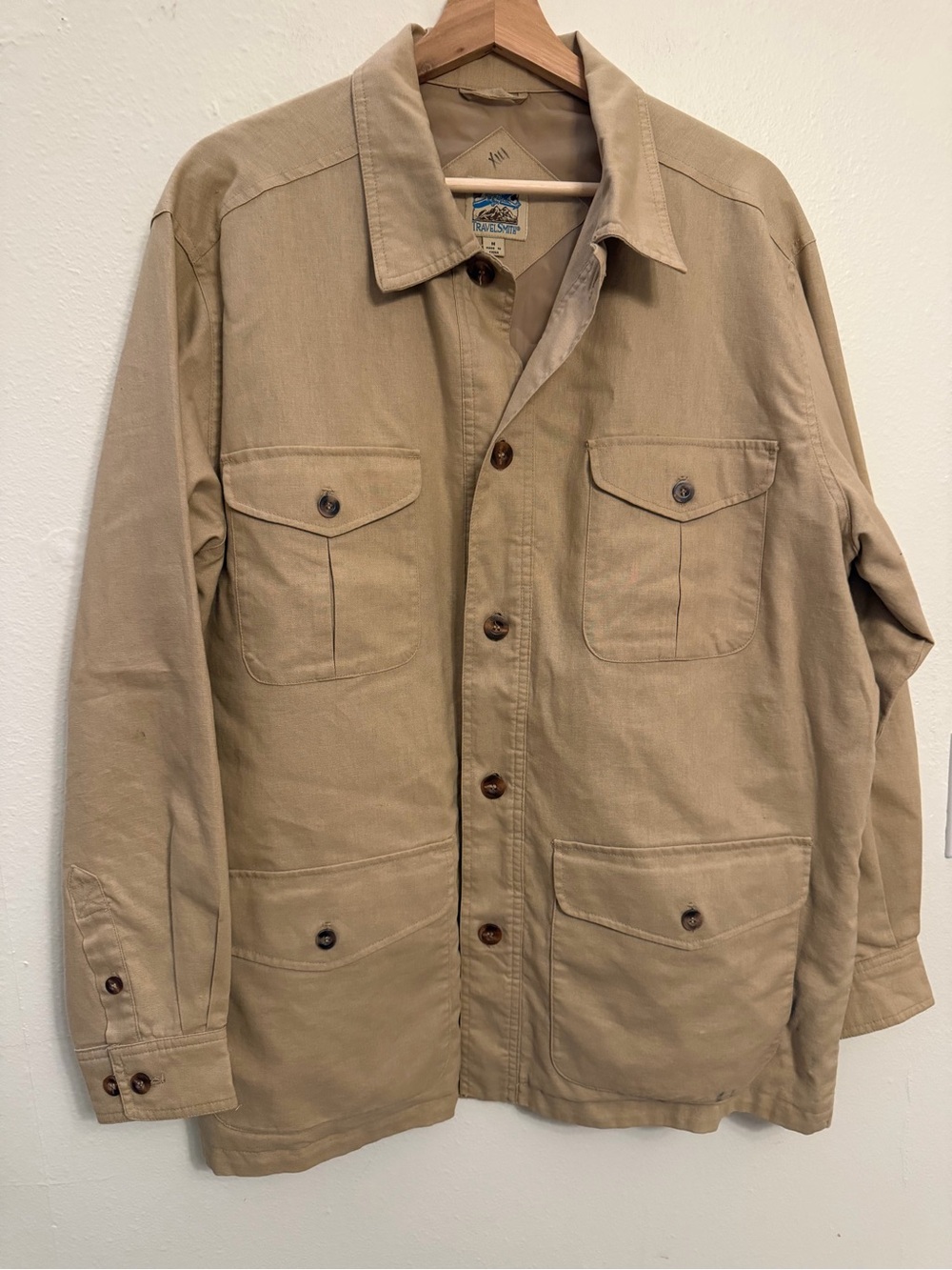 TravelSmith Tan Field Jacket with Four Front Pockets vintage chore linen cotton